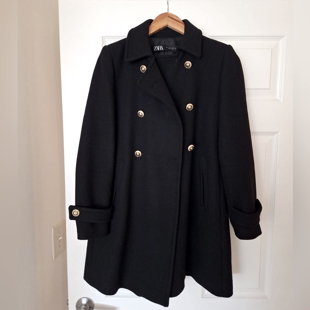 Black pea coat with gold buttons